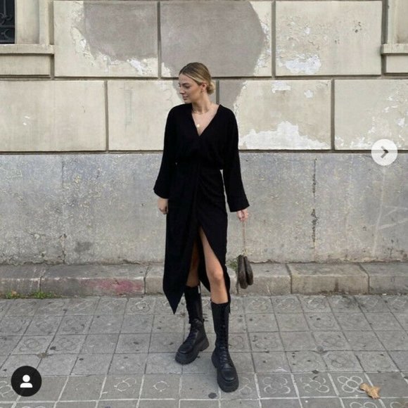 ZARA LIMITED EDITION WOOL BLACK LOW V NECK DRAPED MIDI DRESS - Picture 5 of 12